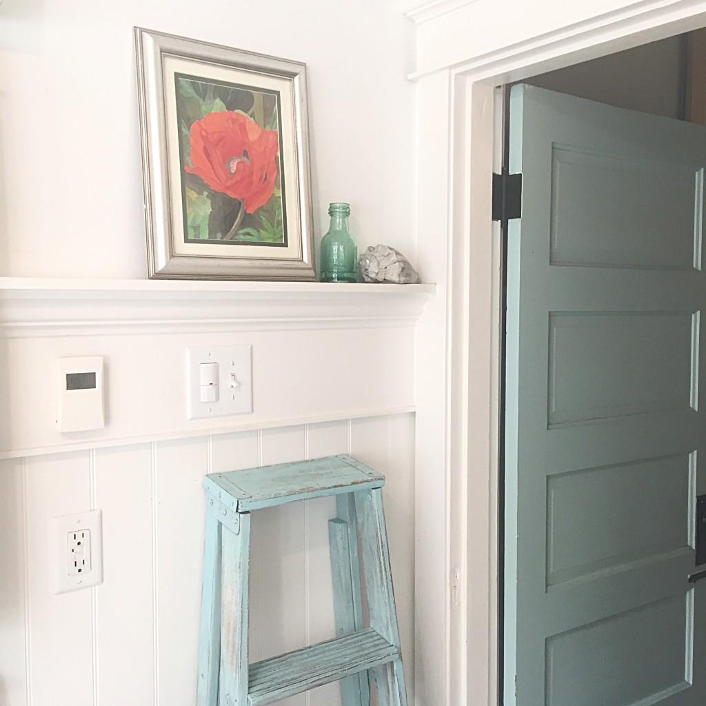 BLue farmhouse door with red poppy painting on shelf and blue farmhouse ladder leaning against wall