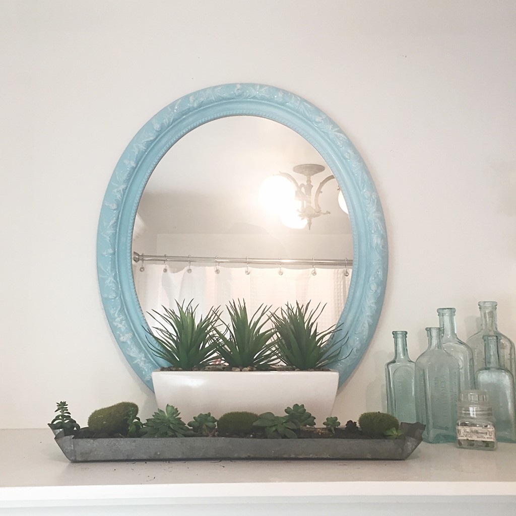 Blue oval mirror with green small plants in front with 6 little bottles to the right of mirror