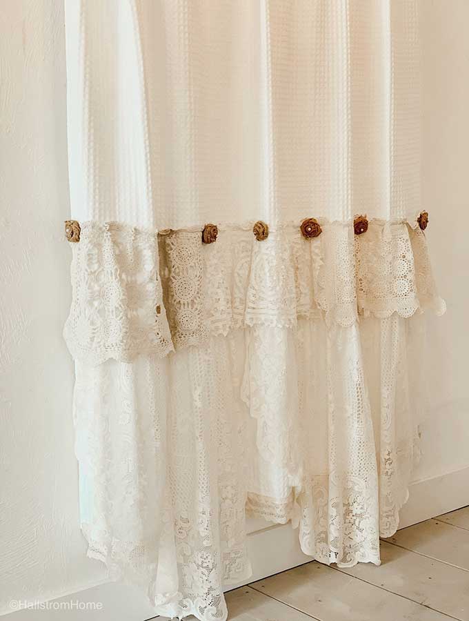 DIY Shabby Chic Shower Curtain Tutorial #shabbychic #chicfarmhouse #farmhouse #farmhousebathroom #frenchfarmhouse #bathroomremodel #showercurtain #hallstromhome #shabbychicbathroom #chichomedecor #homeremodel #designtips #diy #diycrafts #tutorial #showercurtaintutorial 