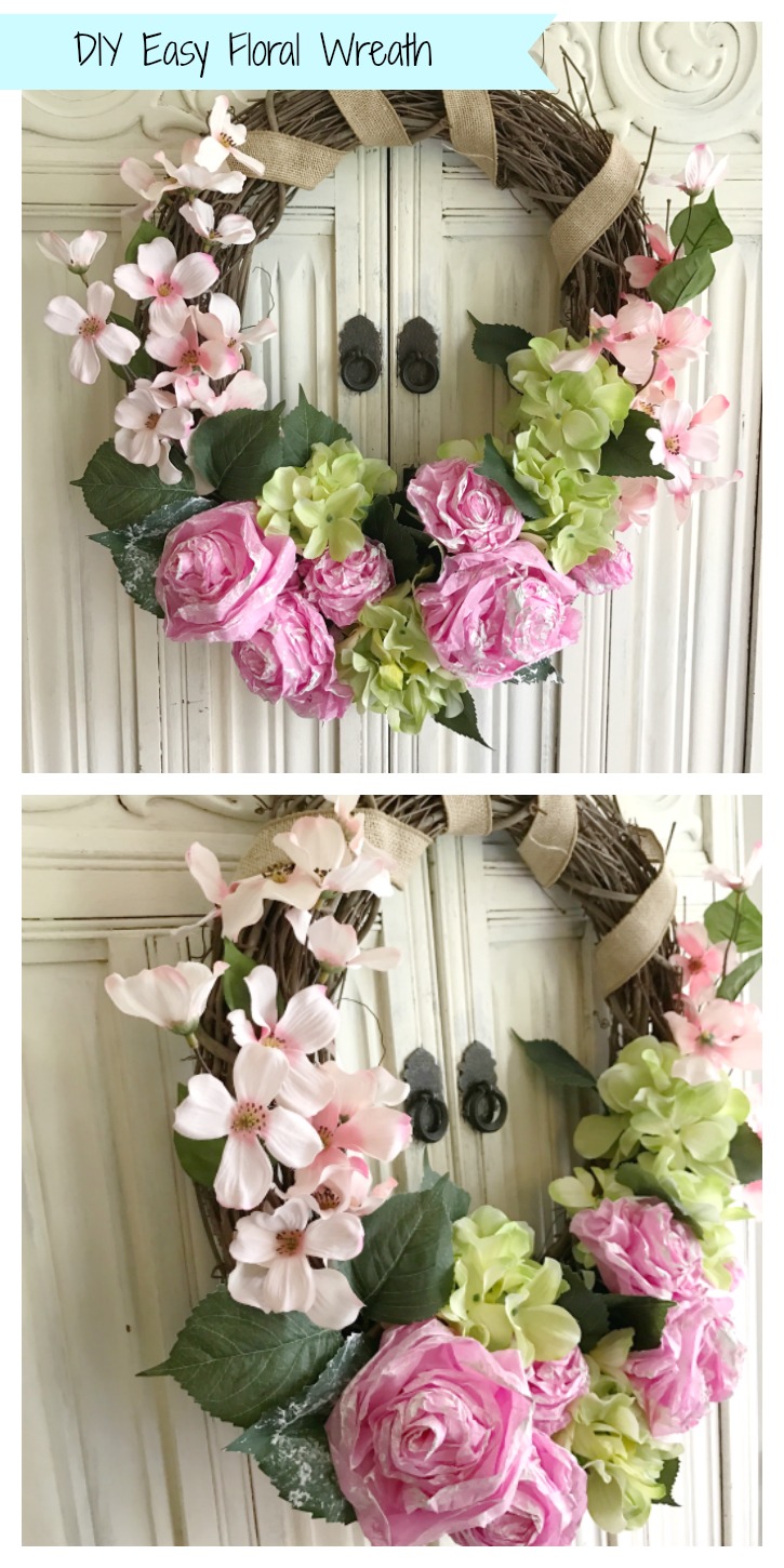 DIY easy floral wreath with 2 images. grapevine wreath with pink and green flowers and burlap ribbon wrapped around