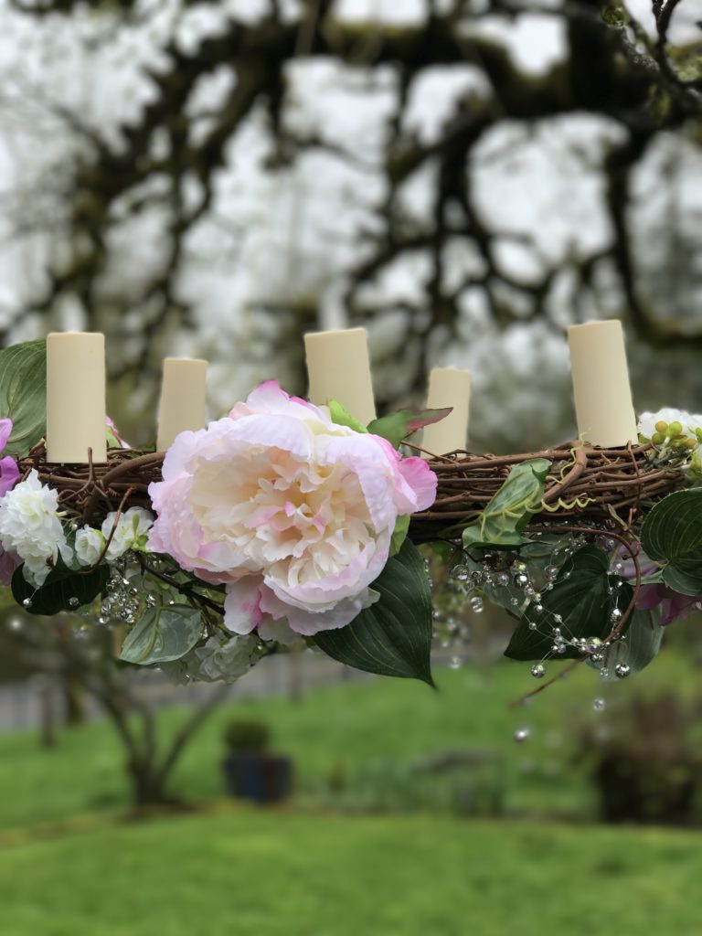 creating a hanging wedding chandelier wreath