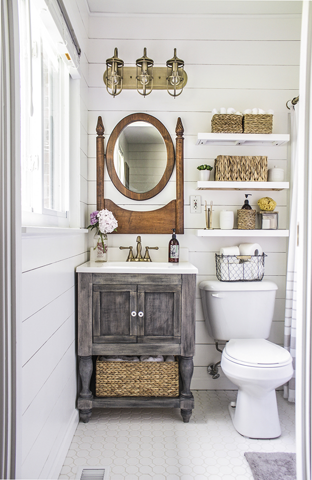 13 Beautiful Farmhouse Bathrooms|farmhouse bathroom|farmhouse bathroom shower curtain|farmhouse bathroom decorating ideas|farmhouse bathroom vanity|bathroom vanity|farmhouse decor|shabby chic|hallstromhome