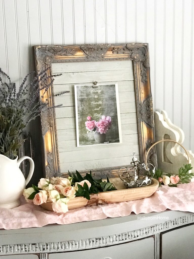 gray and gold frame with flower farmhouse printable with dough bowl filled with pink flowers and metal crown