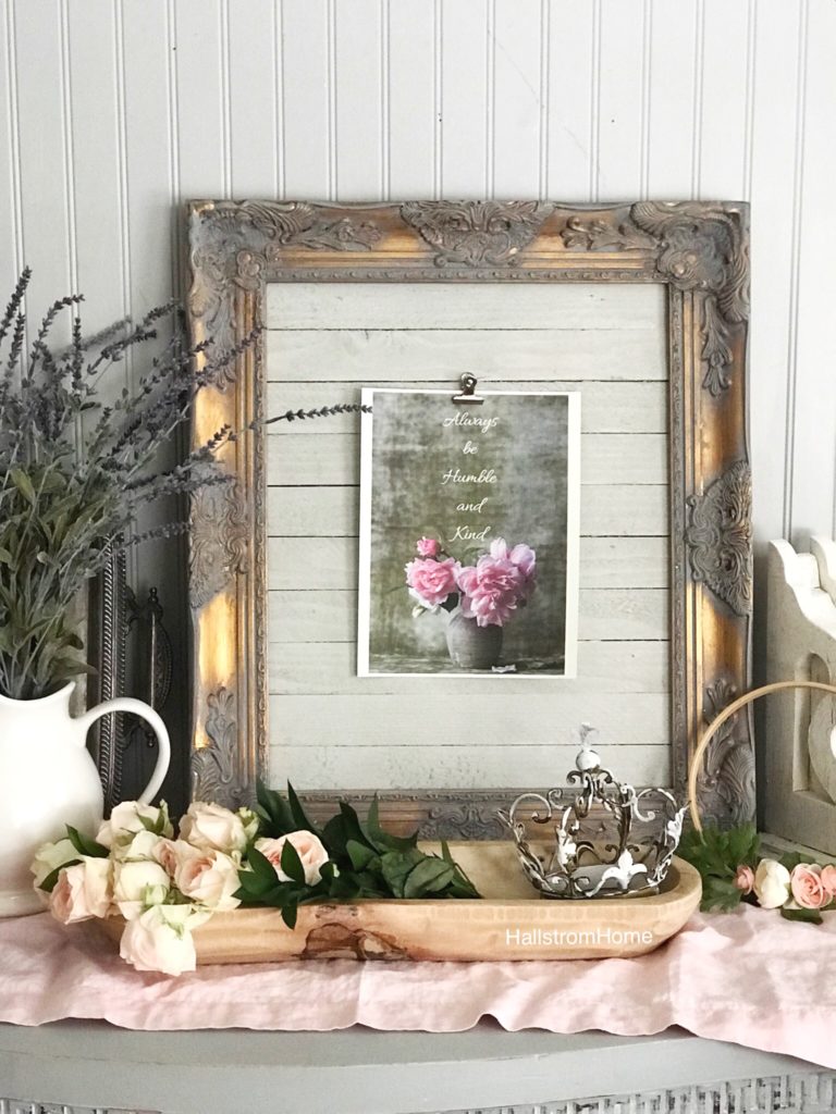 Framed Farmhouse Wall Printable Idea gray and gold frame with white wood inside and pink flower printable. dough bowl infront filled with pink roses and metal crown