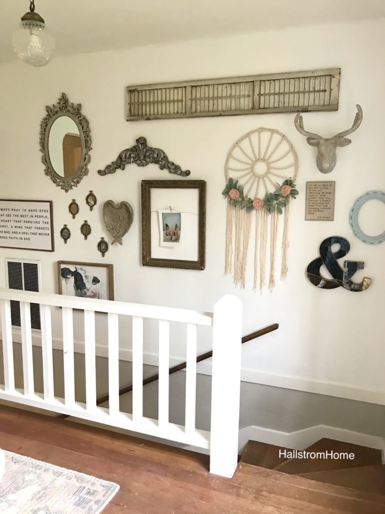 farmhouse gallery wall on stairway