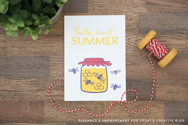 hello sweet summer printable with jar of honey and bees. printable ontop of wood table and spool of red and white twine