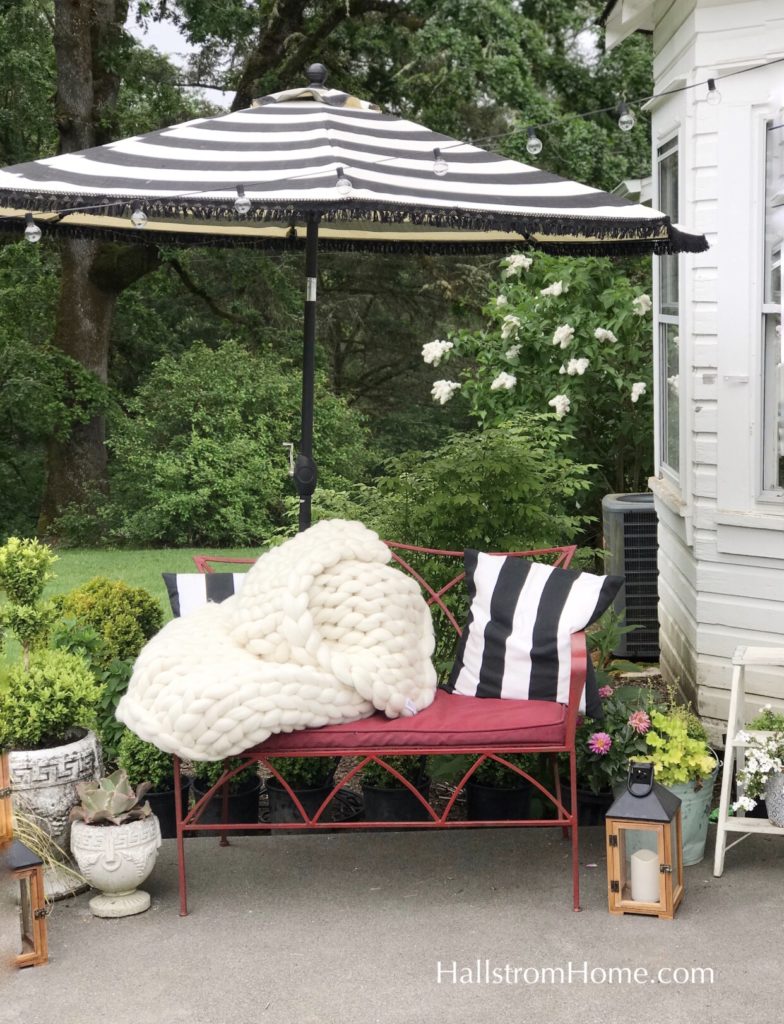 How to Add Fringe to a Outdoor Umbrella|fringe umbrella|striped umbrella|fringe striped umbrella|boho umbrella|outdoor umbrella|boho decor|boho patio umbrella|boho farmhouse|patio update|home decor|hallstromhome 