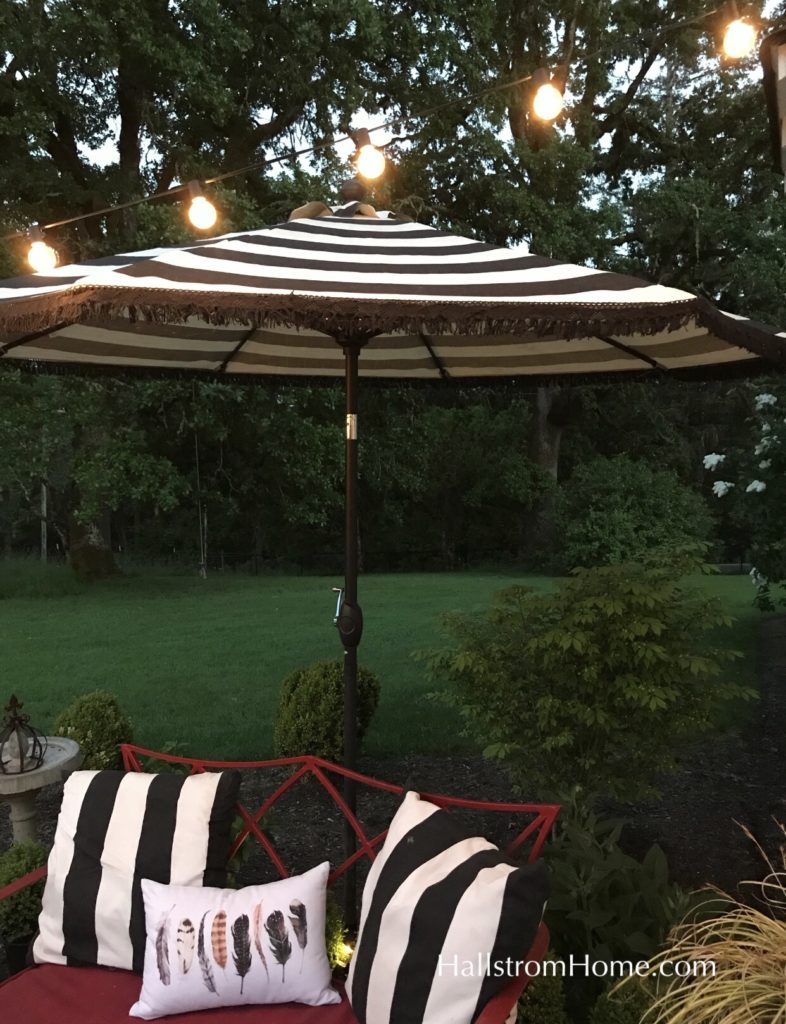 How to Add Fringe to a Outdoor Umbrella|fringe umbrella|striped umbrella|fringe striped umbrella|boho umbrella|outdoor umbrella|boho decor|boho patio umbrella|boho farmhouse|patio update|home decor|hallstromhome 