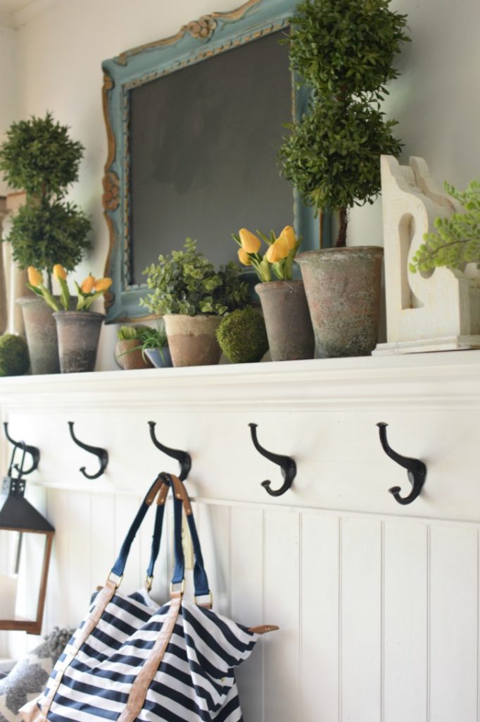 mudroom with boxwoods and blue chalkboard