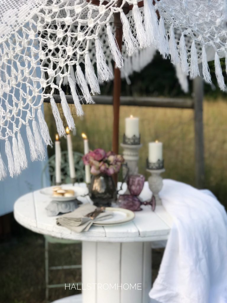 lace umbrella with table setting on white table