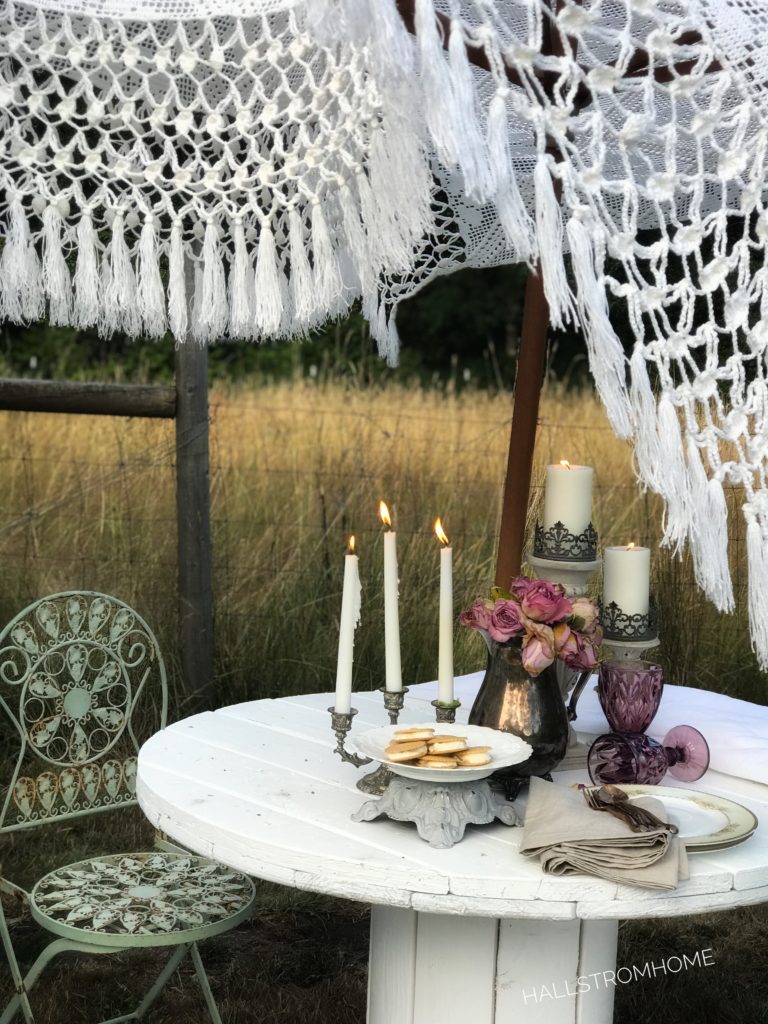 How to Make a Boho Chic Lace Umbrella candles plate of ice cream sandwiches and purple cups