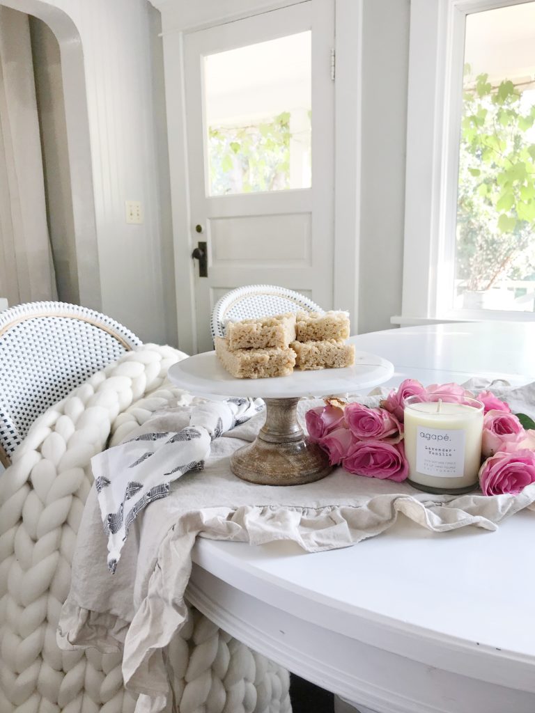 cake platter with rice krispies and big white blanket