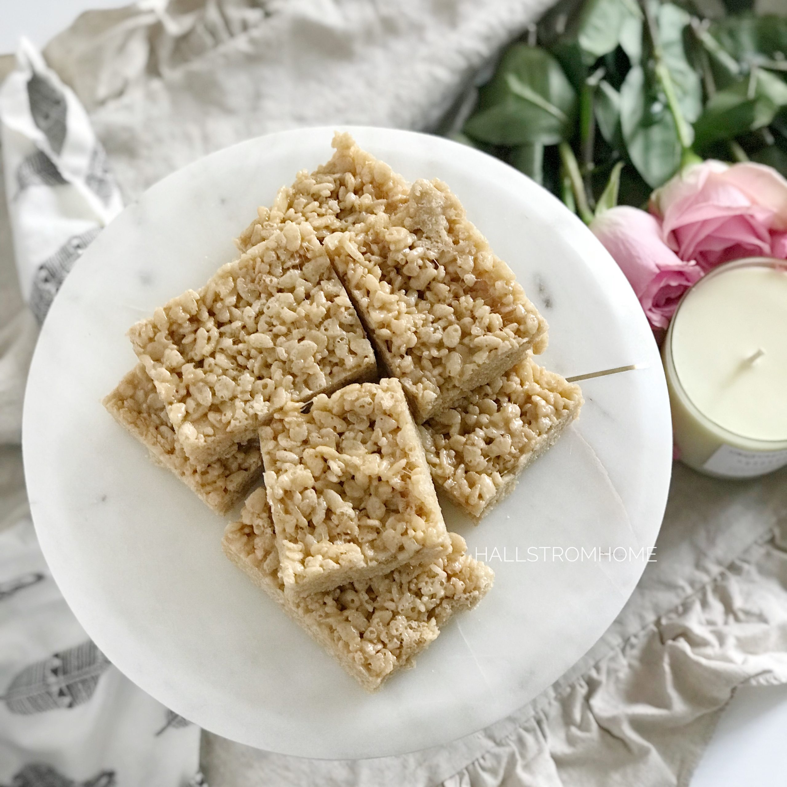 The Best Salted Caramel Rice Krispie Treats You Will Love plate of 7 of them