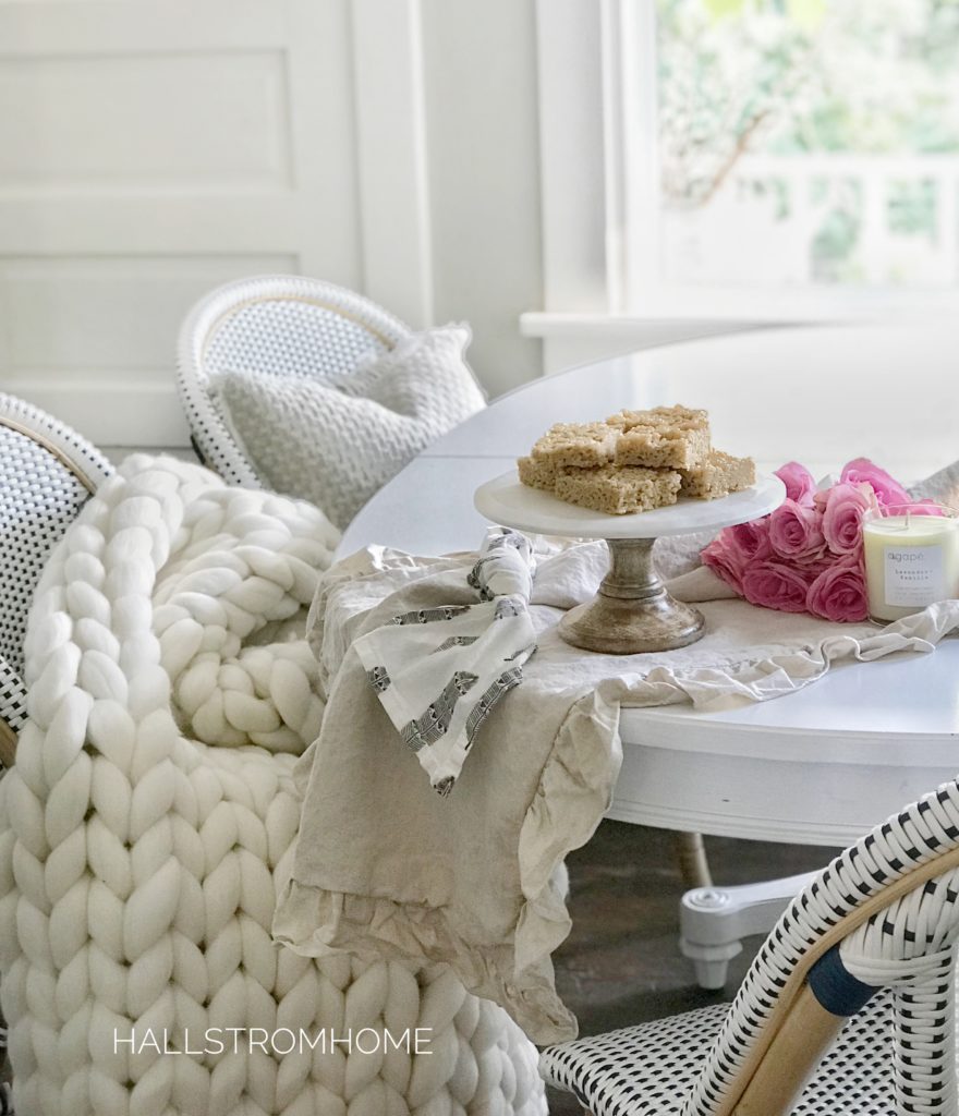 cake platter with rice krispies and big white blanket