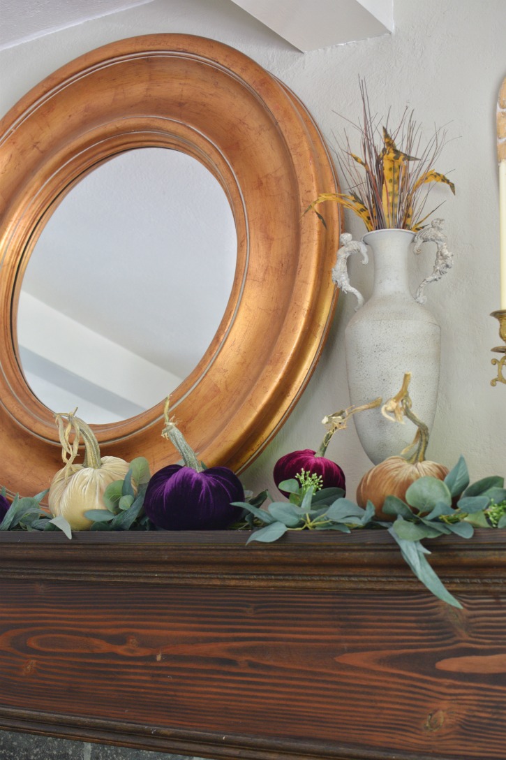 How to Style Beautiful Velvet Pumpkins on a Fall Farmhouse Mantel|velvet pumpkins|original velvet pumpkins|how to style|how to style velvet pumpkins|shabby chic|fall mantel|fall home decor|fall pumpkins|fall velvet pumpkins|original velvet pumpkins|hallstromhome.com