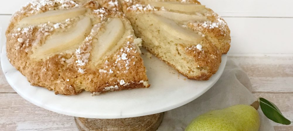 Beautiful Fall Farmhouse Home Tour with Easy Scone Recipe with pear scones on platter and pear sitting next to it