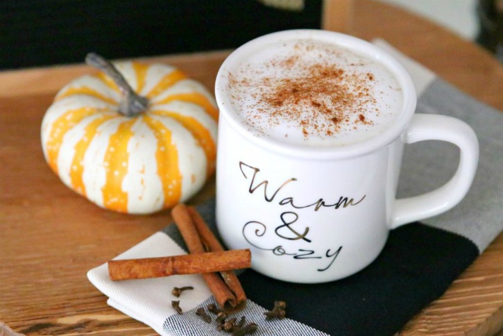 cup of coffee with cinnamon sticks and pumpkin