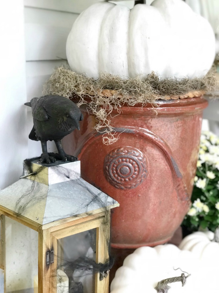 crown on lantern with white pumpkins on ground