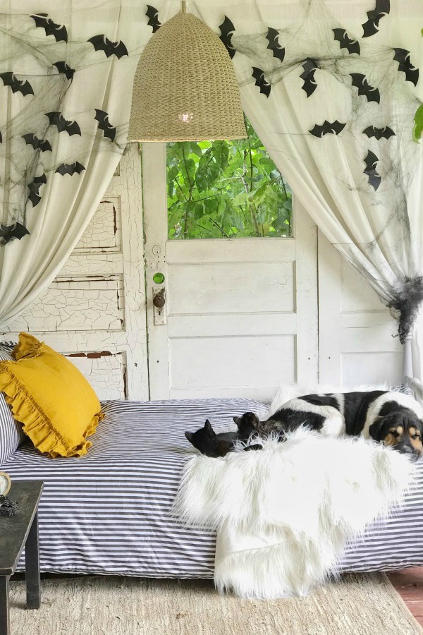 stripe bed on napping porch with bats hanging on wall