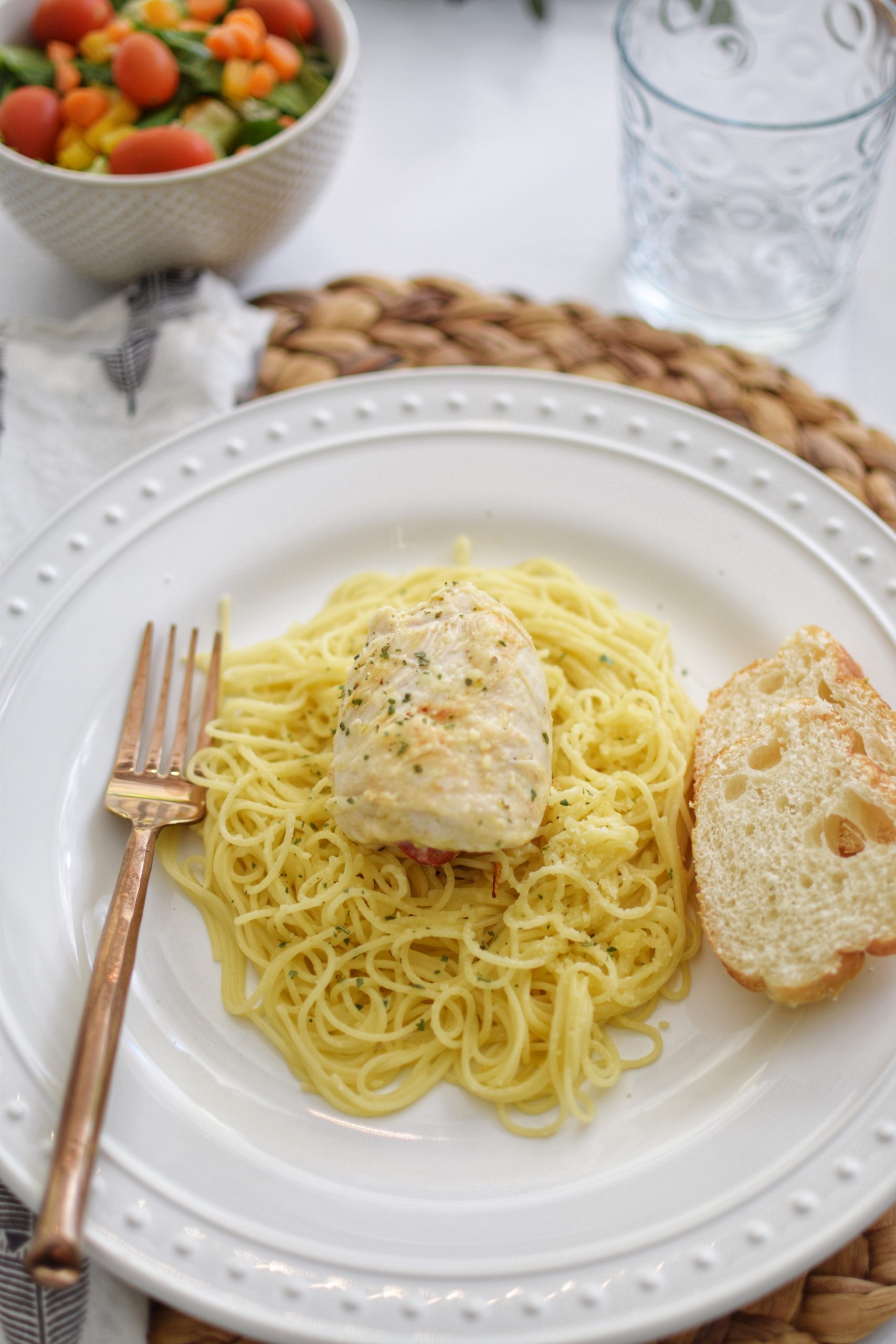 Easy Chicken Pesto Roll Up Over Pasta