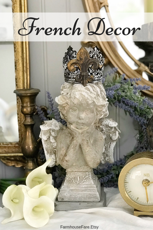 Not Your Grandmother's French Decor|french decor|french shabby chic|french farmhouse|romantic home|romantic home decor|french country|charming home decor|romantic boudoir|angel statue|angel|cherub|french country Christmas|shabby chic Christmas decor|hallstromhome