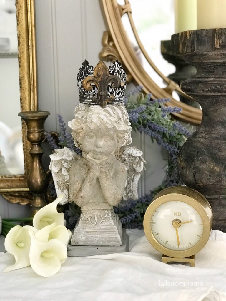 Not Your Grandmother's French Decor|french decor|french shabby chic|french farmhouse|romantic home|romantic home decor|french country|charming home decor|romantic boudoir|angel statue|angel|cherub|french country Christmas|shabby chic Christmas decor|hallstromhome