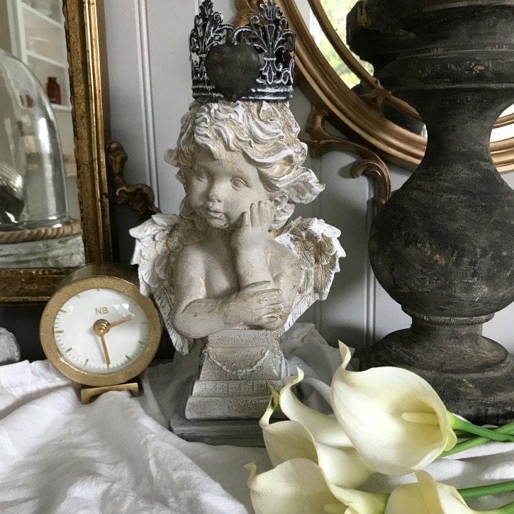 Not Your Grandmother's French Decor|french decor|french shabby chic|french farmhouse|romantic home|romantic home decor|french country|charming home decor|romantic boudoir|angel statue|angel|cherub|french country Christmas|shabby chic Christmas decor|hallstromhome