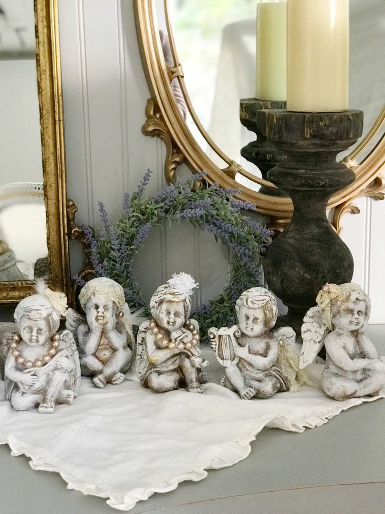 Not Your Grandmother's French Decor|french decor|french shabby chic|french farmhouse|romantic home|romantic home decor|french country|charming home decor|romantic boudoir|angel statue|angel|cherub|french country Christmas|shabby chic Christmas decor|hallstromhome