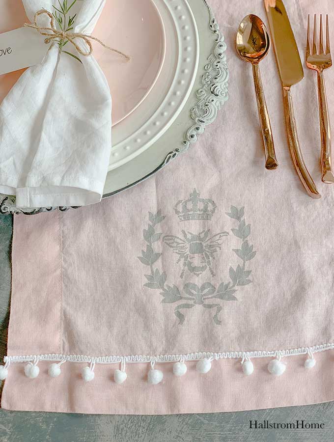 How to Stencil Tea Towel Tutorial with Chalk Paint|stenciled tea towel|Vintage kitchen tea towels|painted dish towels|decorating tea towels|how to stencil a tea towel|farmhouse diy|diy craft|kids craft|french cottage|french bee stencil|home decor|shabby chic|hallstrom home