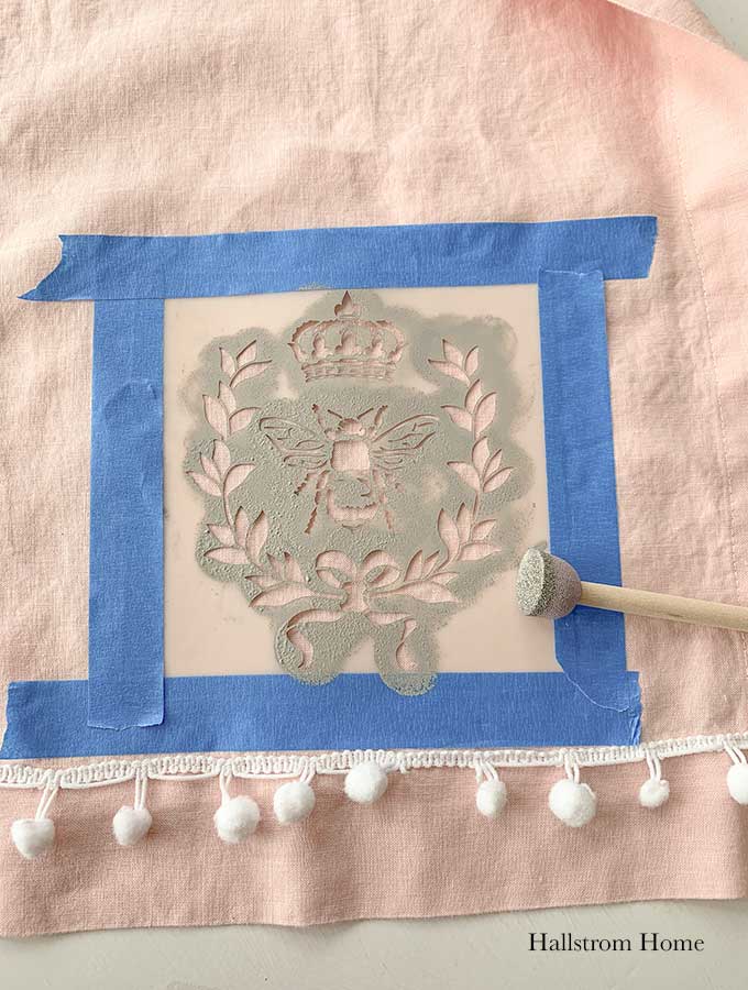 Stencil Tea Towel Tutorial with Chalk Paint|stenciled tea towel|Vintage kitchen tea towels|painted dish towels|decorating tea towels|how to stencil a tea towel|farmhouse diy|diy craft|kids craft|french cottage|french bee stencil|home decor|shabby chic|hallstrom home