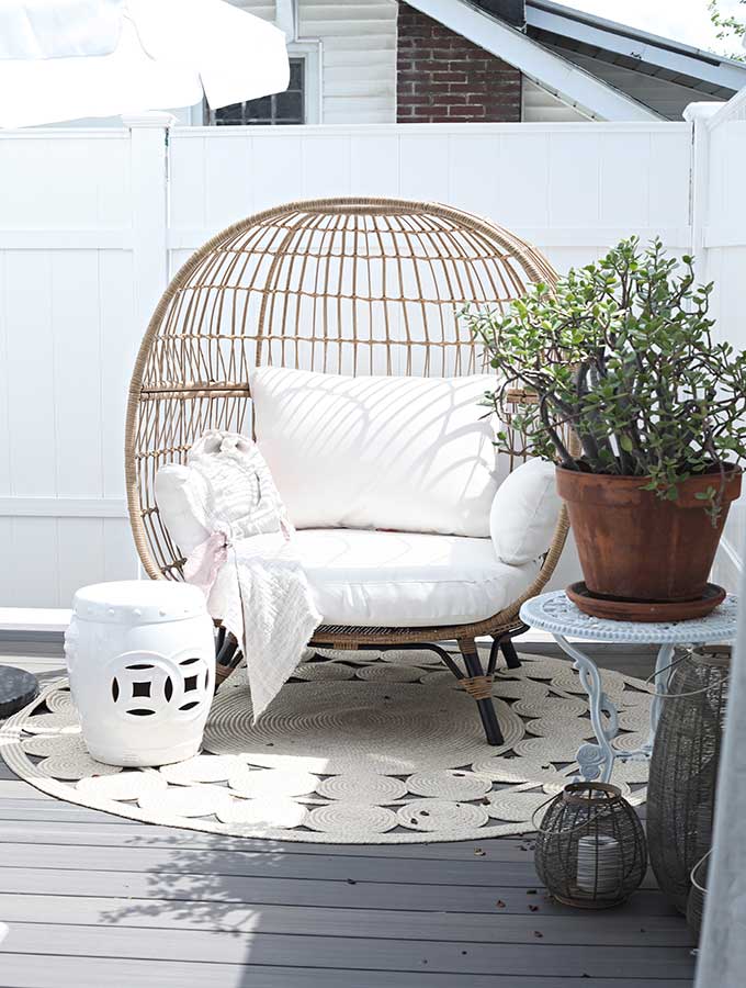 Hygge Porch Design with Swing|hygge life|hygge products|adding hygge|hygge chairs|hygge decor|simple porch designs|Scandinavian Porch|porch design ideas|boho porch|boho home|bohemian decor|Hallstrom Home 