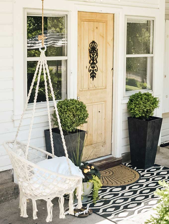 Hygge Porch Design with Swing|hygge life|hygge products|adding hygge|hygge chairs|hygge decor|simple porch designs|Scandinavian Porch|porch design ideas|boho porch|boho home|bohemian decor|Hallstrom Home 