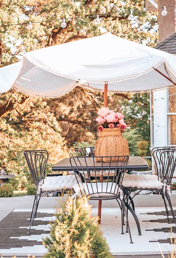 DIY Umbrella Cover with Pom Poms|diy umbrella|diy patio umbrella|outdoor umbrella|how to make umbrella from scratch|how to make patio umbrella|how to replace umbrella fabric|shabby chic|boho decor|patio decor|shabby chic patio|farmhouse patio|bohemian patio|easy diy|easy diy umbrella|summer crafts|summer diy|Yard diy|garden diy|garden craft|easy craft|Hallstrom Home