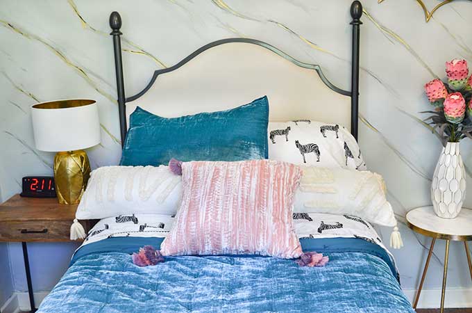 7 Tips to Boho Your Girls Bedroom|boho bedroom|bohemian bedroom ideas|modern boho|modern bohemian|boho style|bohemian wall decor|bedroom update|girls room|girls boho room|seating area|hangout sitting area|Hallstrom Home