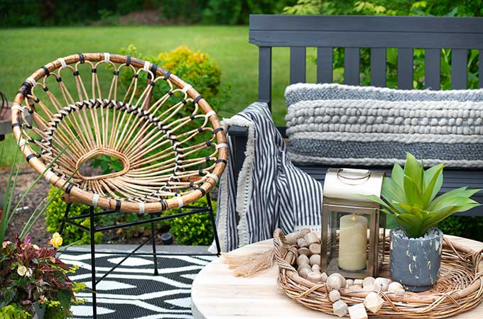 Sophisticated Bohemian Outdoor Setting |Article|Boho Patio|decorate bohemian|patio update|outdoor entertaining| myarticle|boho home decor|sophisticated boho|scandinavian home|boho outdoor furniture|bohemian furniture|boho chic patio ideas|boho outdoor spaces|bohemian outdoor rug|Hallstrom Home