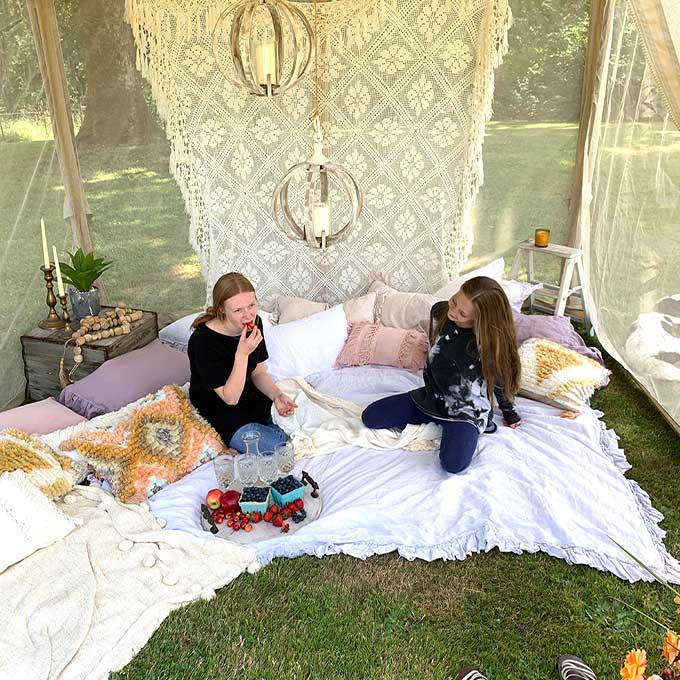 Backyard Glamping\6 Easy Ideas|glamping site|how to glamp|backyard glamping|glamping tent plans|backyard camping tent|romantic glamping|backyard canopy|backyard glamping party|how to build a glamping site|outdoor party|Hallstrom Home