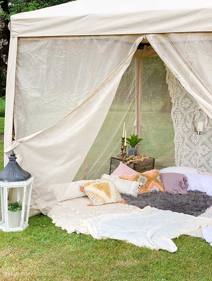 Backyard Glamping\6 Easy Ideas|glamping site|how to glamp|backyard glamping|glamping tent plans|backyard camping tent|romantic glamping|backyard canopy|backyard glamping party|how to build a glamping site|outdoor party|Hallstrom Home