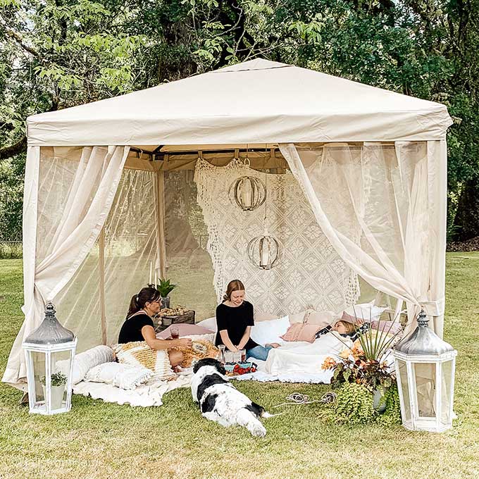 Backyard Glamping\6 Easy Ideas|glamping site|how to glamp|backyard glamping|glamping tent plans|backyard camping tent|romantic glamping|backyard canopy|backyard glamping party|how to build a glamping site|outdoor party|Hallstrom Home