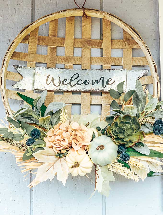 Tobacco Basket Wall Hanging with Flowers |tobacco basket decor|tobacco basket wreath|farmhouse wreath|farmhouse wall decor|shabby chic decor|farmhouse style|tobacco basket decor|farmhouse tobacco wreath|pumpkin decor|pumpkin tobacco wreath|outdoor wreath|hallstrom home