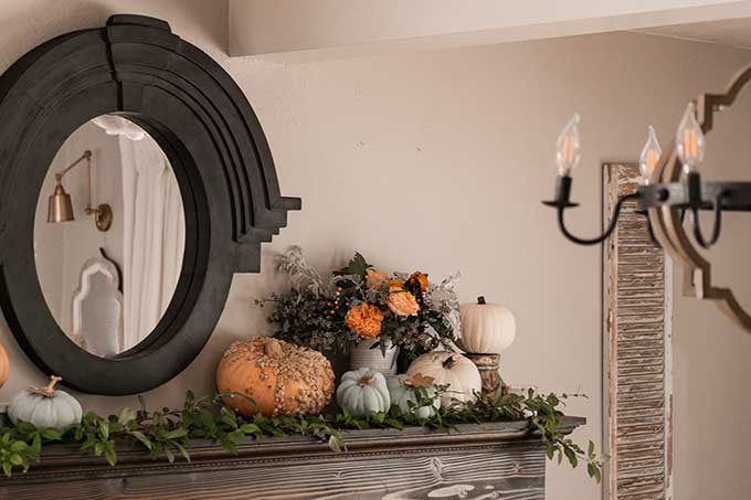 Decorate for Fall on a Budget |diy fall decorations|budget decorating|farmhouse decor|fall decor|mansard mirror|pumpkin fall mantel|easy fall mantel|simple fall decor|frugal fall decorating|fall diy mantel|budget decorating|fall pumpkins|diy mantel decor|fall home tour|Hallstrom Home