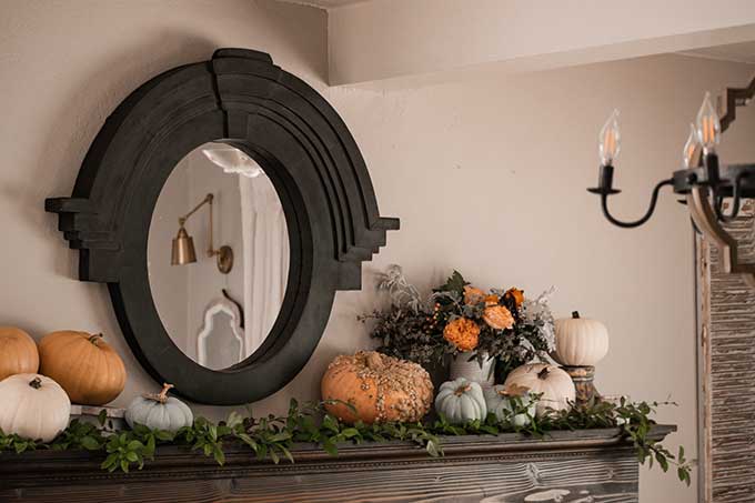 Decorate for Fall on a Budget |diy fall decorations|budget decorating|farmhouse decor|fall decor|mansard mirror|pumpkin fall mantel|easy fall mantel|simple fall decor|frugal fall decorating|fall diy mantel|budget decorating|fall pumpkins|diy mantel decor|fall home tour|Hallstrom Home