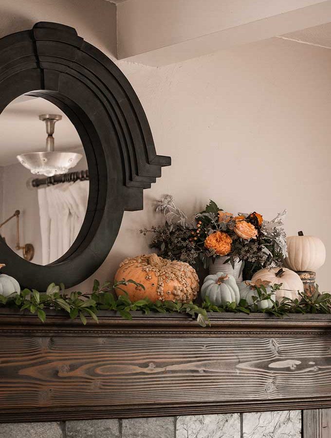 Decorate for Fall on a Budget |diy fall decorations|budget decorating|farmhouse decor|fall decor|mansard mirror|pumpkin fall mantel|easy fall mantel|simple fall decor|frugal fall decorating|fall diy mantel|budget decorating|fall pumpkins|diy mantel decor|fall home tour|Hallstrom Home