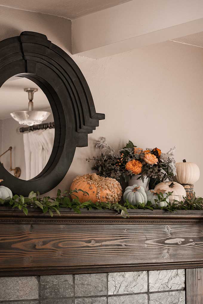 Decorate for Fall on a Budget |diy fall decorations|budget decorating|farmhouse decor|fall decor|mansard mirror|pumpkin fall mantel|easy fall mantel|simple fall decor|frugal fall decorating|fall diy mantel|budget decorating|fall pumpkins|diy mantel decor|fall home tour|Hallstrom Home