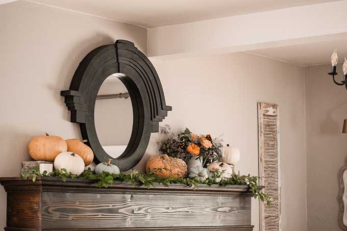 Decorate for Fall on a Budget |diy fall decorations|budget decorating|farmhouse decor|fall decor|mansard mirror|pumpkin fall mantel|easy fall mantel|simple fall decor|frugal fall decorating|fall diy mantel|budget decorating|fall pumpkins|diy mantel decor|fall home tour|Hallstrom Home