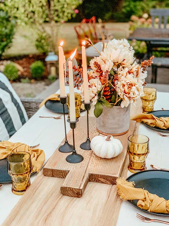 Easy Fall Outdoor Table with Drop Cloth |drop cloth tablecloth|diy tablecloth|fall outdoor table|farmhouse table|outdoor entertaining|farmhouse style|wedding table|wedding table setting|gauze table runner|cheesecloth table runner|simple fall decor|easy fall table|fall centerpiece|simple farmhouse table|pumpkin table setting|fall pumpkin table|cozy table setting|cozy fall|hygge home|Hallstrom Home