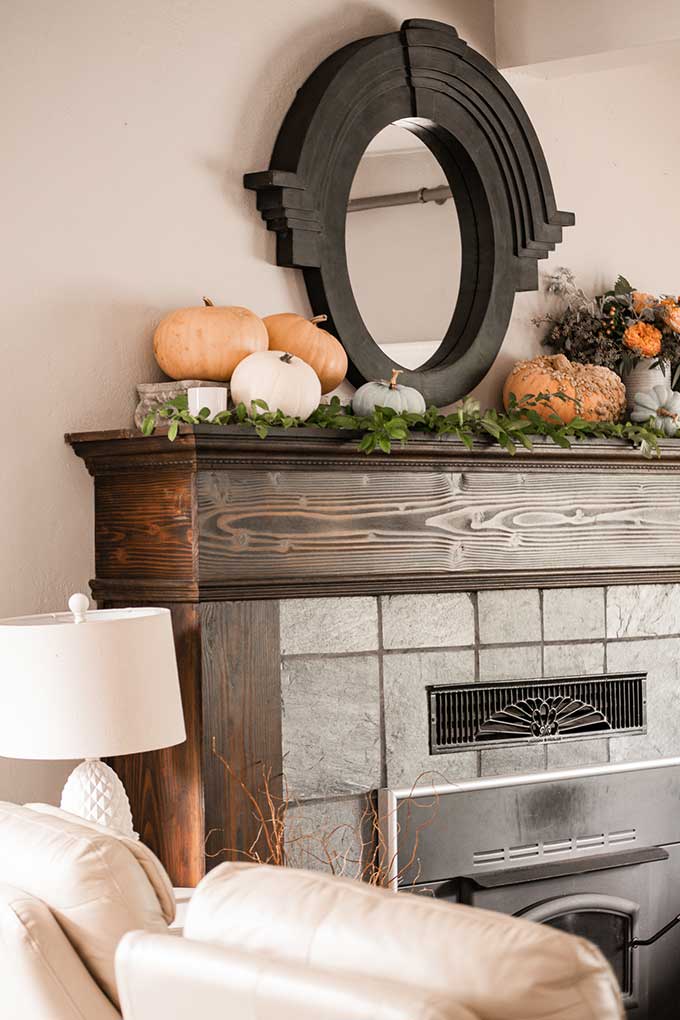 Decorate for Fall on a Budget |diy fall decorations|budget decorating|farmhouse decor|fall decor|mansard mirror|pumpkin fall mantel|easy fall mantel|simple fall decor|frugal fall decorating|fall diy mantel|budget decorating|fall pumpkins|diy mantel decor|fall home tour|Hallstrom Home