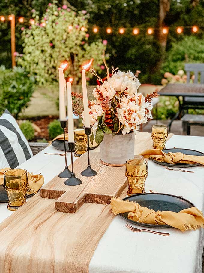 Easy Fall Outdoor Table with Drop Cloth |drop cloth tablecloth|diy tablecloth|fall outdoor table|farmhouse table|outdoor entertaining|farmhouse style|wedding table|wedding table setting|gauze table runner|cheesecloth table runner|simple fall decor|easy fall table|fall centerpiece|simple farmhouse table|pumpkin table setting|fall pumpkin table|cozy table setting|cozy fall|hygge home|Hallstrom Home