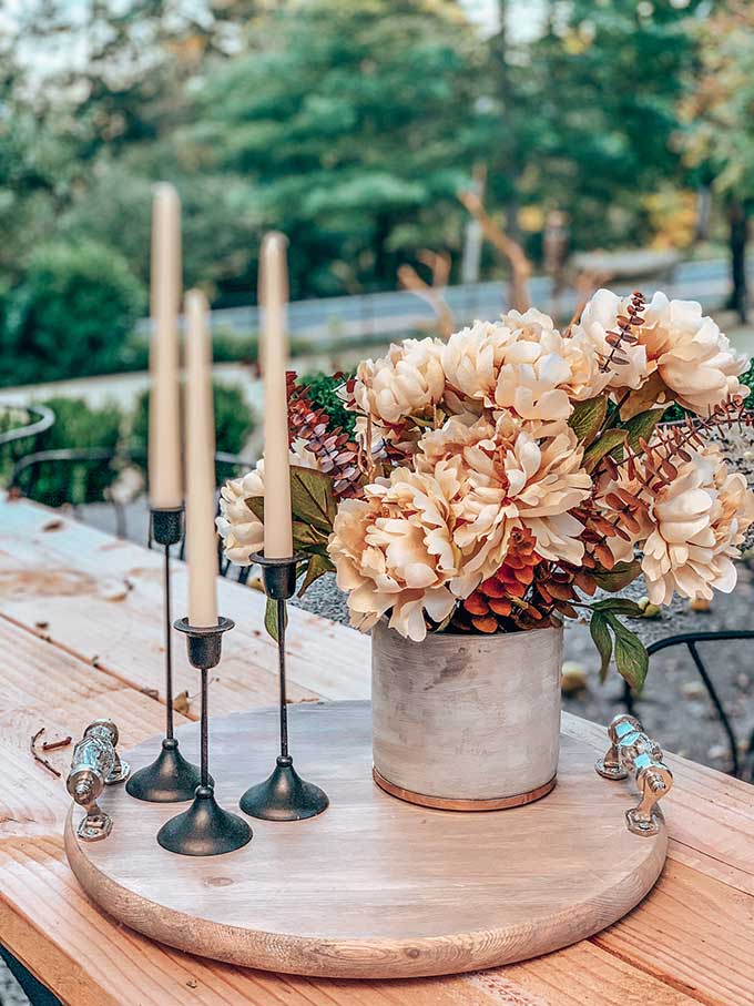 Easy Fall Outdoor Table with Drop Cloth |drop cloth tablecloth|diy tablecloth|fall outdoor table|farmhouse table|outdoor entertaining|farmhouse style|wedding table|wedding table setting|gauze table runner|cheesecloth table runner|simple fall decor|easy fall table|fall centerpiece|simple farmhouse table|pumpkin table setting|fall pumpkin table|cozy table setting|cozy fall|hygge home|Hallstrom Home