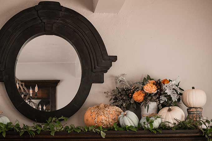 Decorate for Fall on a Budget |diy fall decorations|budget decorating|farmhouse decor|fall decor|mansard mirror|pumpkin fall mantel|easy fall mantel|simple fall decor|frugal fall decorating|fall diy mantel|budget decorating|fall pumpkins|diy mantel decor|fall home tour|Hallstrom Home