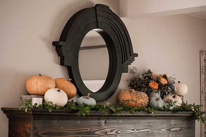 Decorate for Fall on a Budget |diy fall decorations|budget decorating|farmhouse decor|fall decor|mansard mirror|pumpkin fall mantel|easy fall mantel|simple fall decor|frugal fall decorating|fall diy mantel|budget decorating|fall pumpkins|diy mantel decor|fall home tour|Hallstrom Home